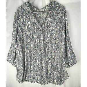 Rose + Olive Top Blouse 3X Blue Pink Ditsy Floral 3/4 Sleeve Flowy Peasant Boho‎